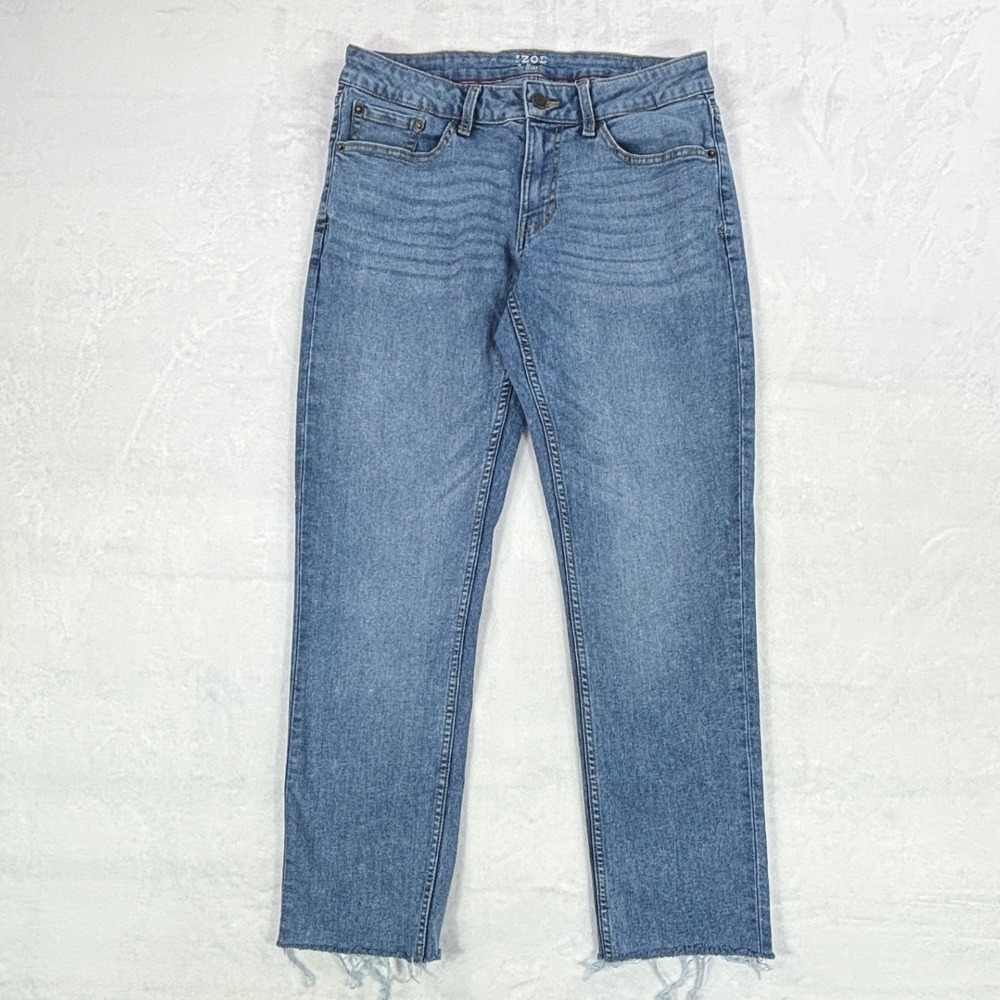 IZOD Saltwater Mens 32x32 Straight Fit Medium Wash Raw Hem Jeans (Fits 31"x28")